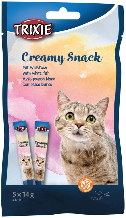 Creamy Snacks till katt. Med vitfisk, 5 × 14 g