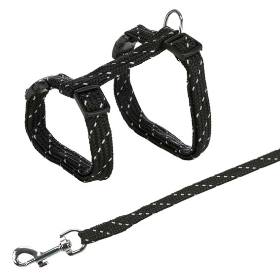 Kattsele+koppel, 27-45 cm/10 mm. 120 cm, reflex, nylon, bl. färger